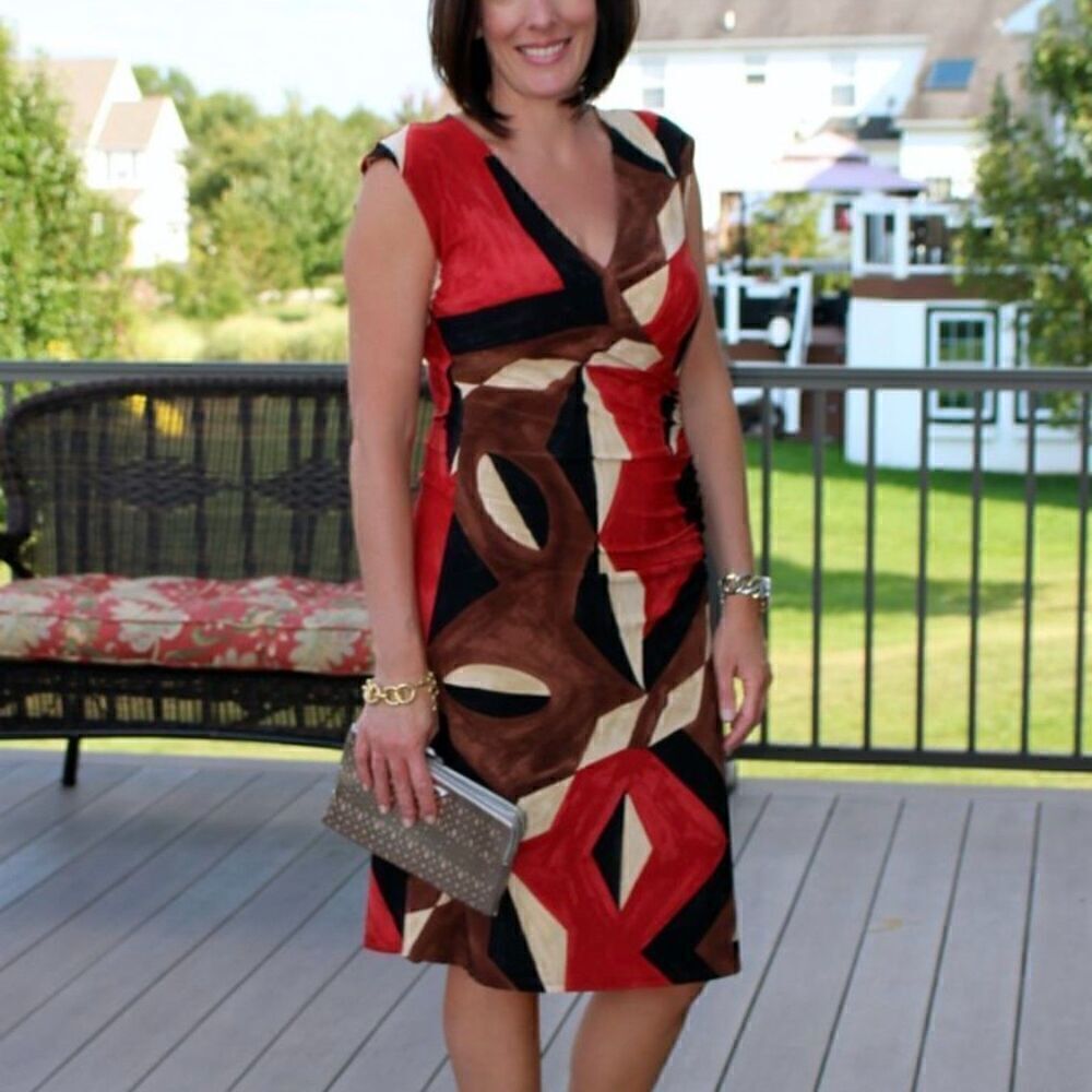 Lauren Ralph Lauren Abstract Geometric V-Neck Dress Size XL Jersey Stretch